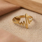 Gold ring with heart and heartbeat line design on a beige fabric background