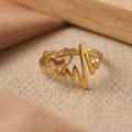 Gold ring with heart and heartbeat line design on a beige fabric background