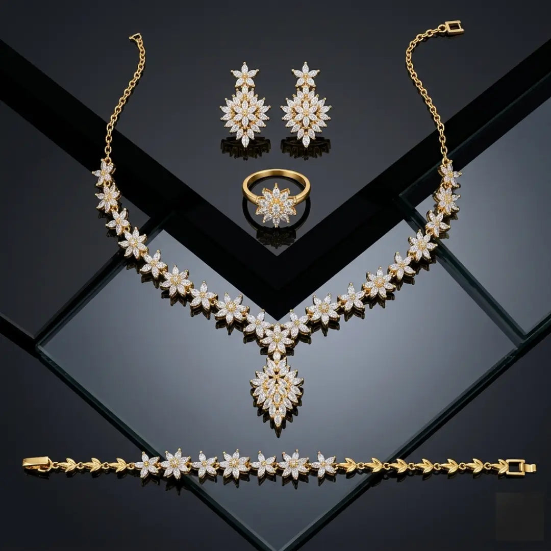 Floral Zirconia Gold-Plated Necklace Set
