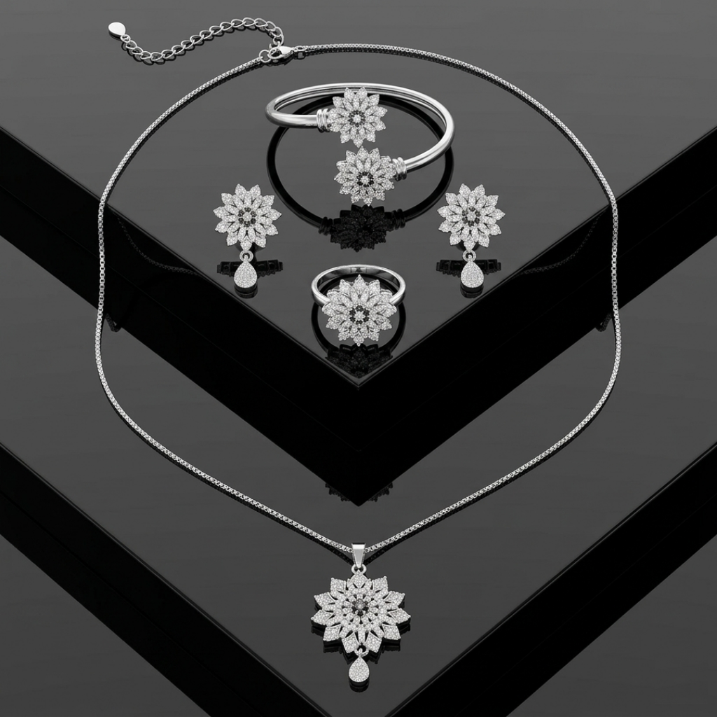 Silver floral pendant set with bangle, ring, and earrings on a sleek black background