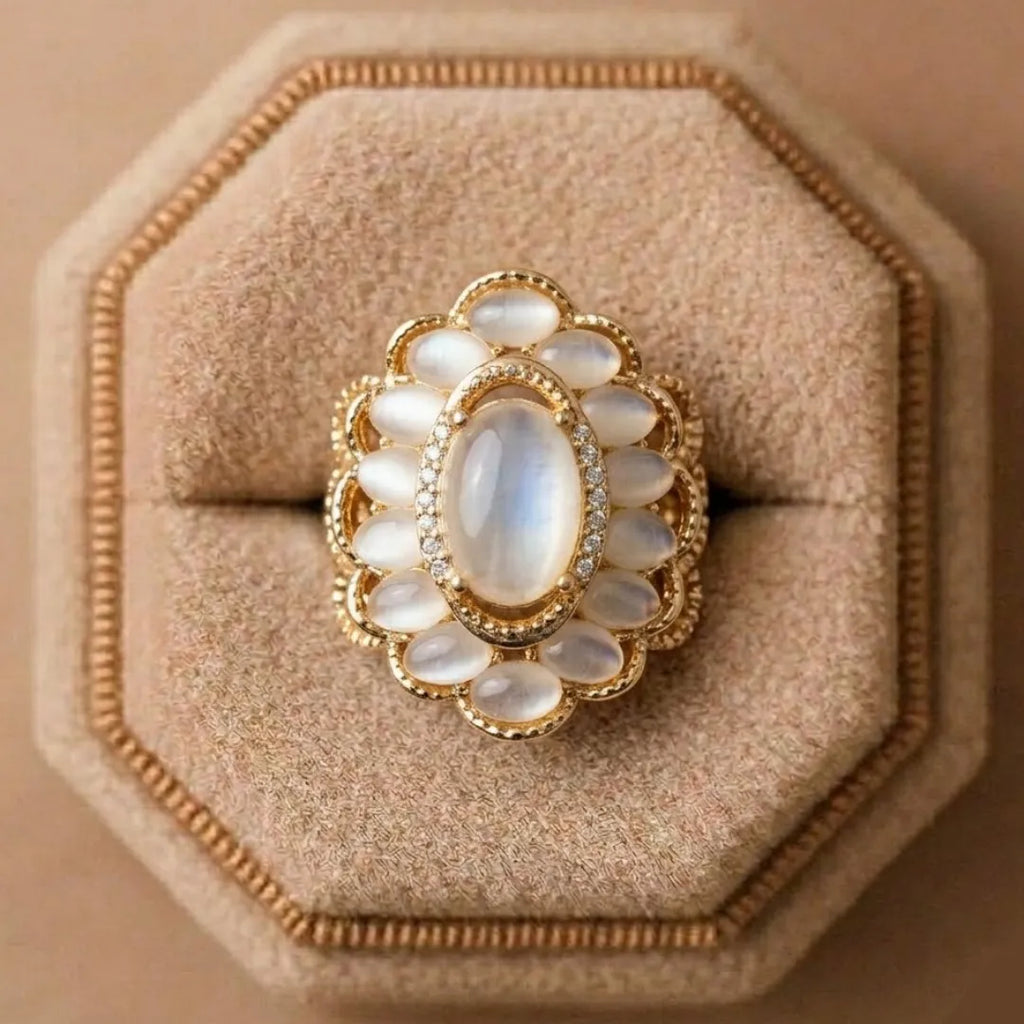 Bold golden leaf statement ring worn by a model, styled with a formal luxury outfit.