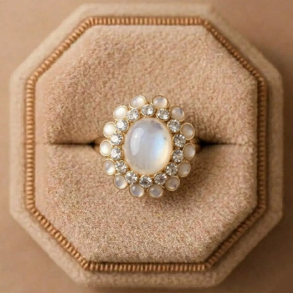 Gold ring with a large central gemstone and smaller stones on a beige cushion