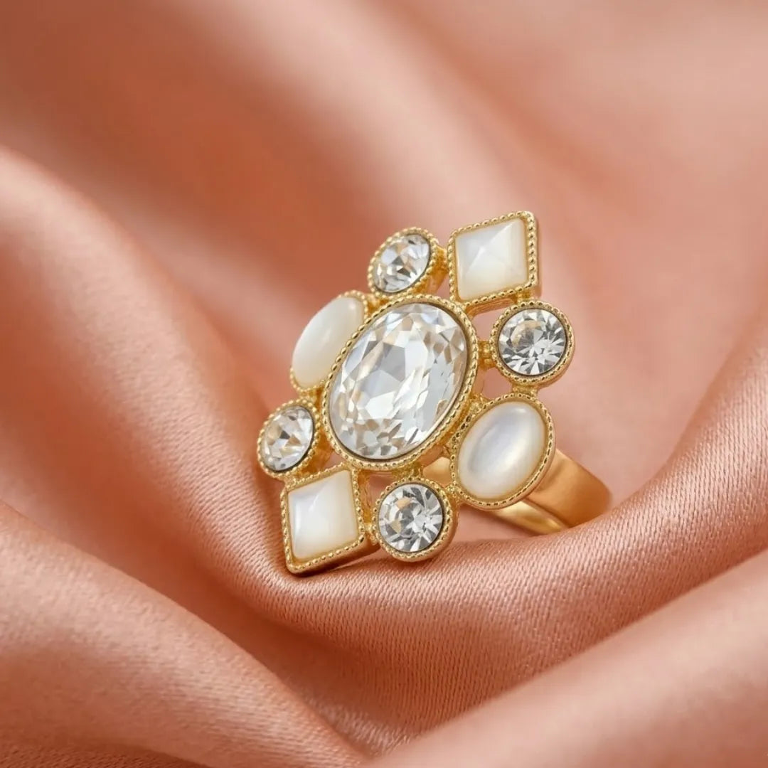 Modern double-stone golden ring worn by a model, styled for a high-end luxury event.