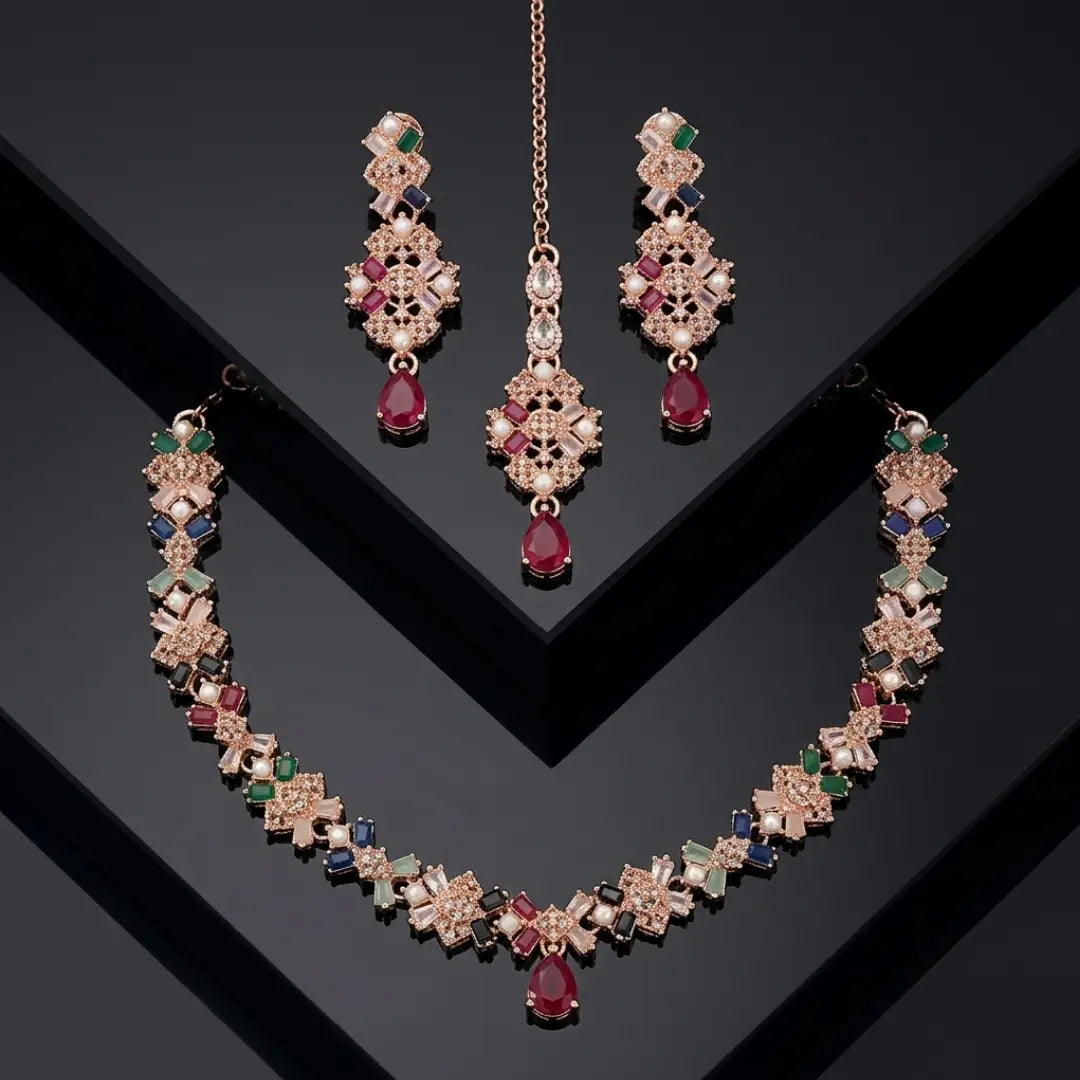 Multi-color Navratna style necklace and earrings set with rose-gold finish on a mannequin.